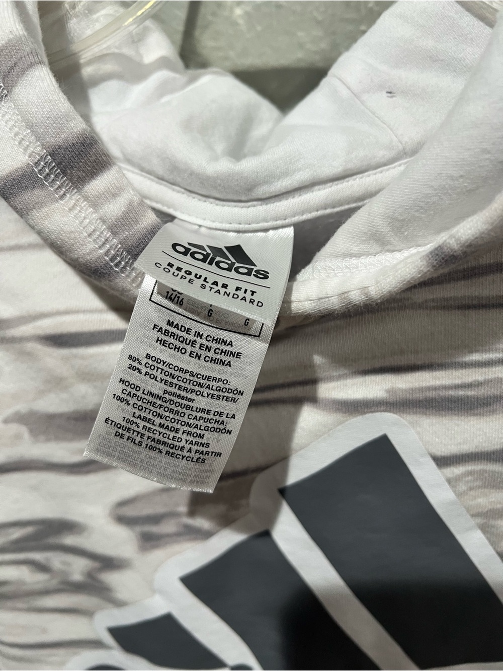 adidas White Hoodie with Light Gray Marble Stripes and Black Logo - Picture 2 of 3